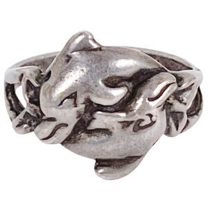 VTG Solid Silver Dolphin Ring 1990s Nautical Ocean Jewelry Sculptural Figural